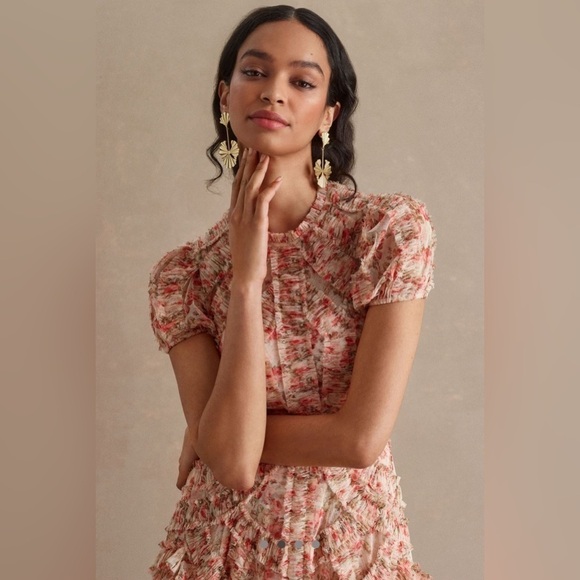 Mac Duggal High Neck Floral Mesh Ruffle Maxi Dress – Pink/Cream – Size 8 - Picture 9 of 17